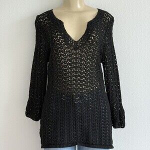 VTG Ann Taylor Crochet Knit Sweater Large Black Boho Open Weave V-Neck Tunic Top